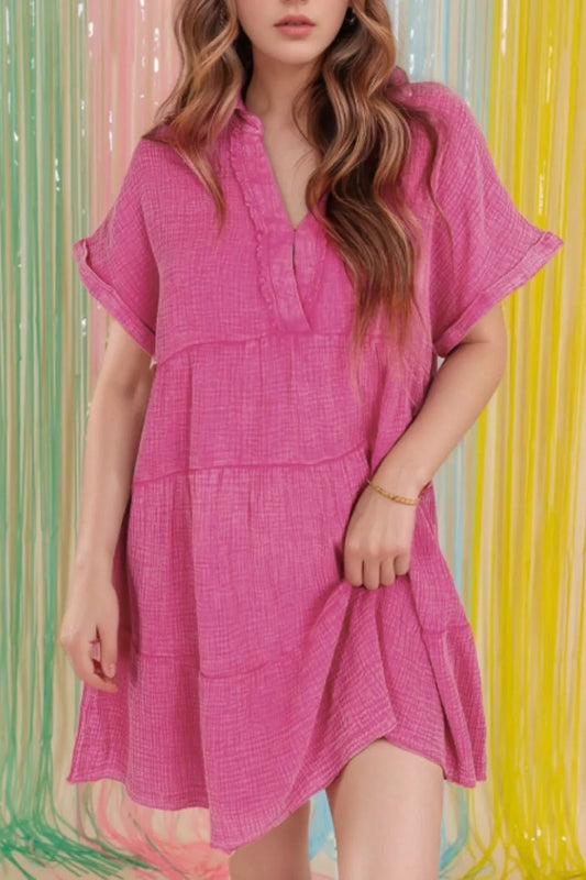 Elegant Mineral Wash Crinkle Split Neck Raw Hem Tiered Dress - adritiX