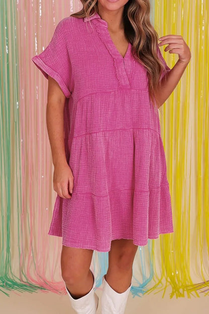 Elegant Mineral Wash Crinkle Split Neck Raw Hem Tiered Dress - adritiX