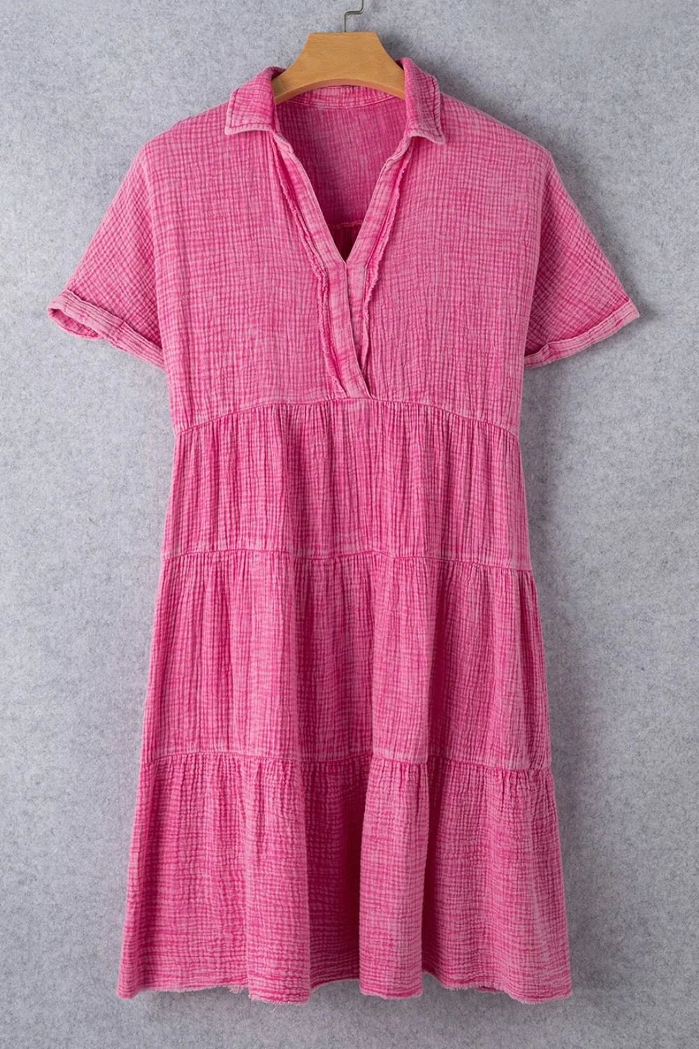 Elegant Mineral Wash Crinkle Split Neck Raw Hem Tiered Dress - adritiX
