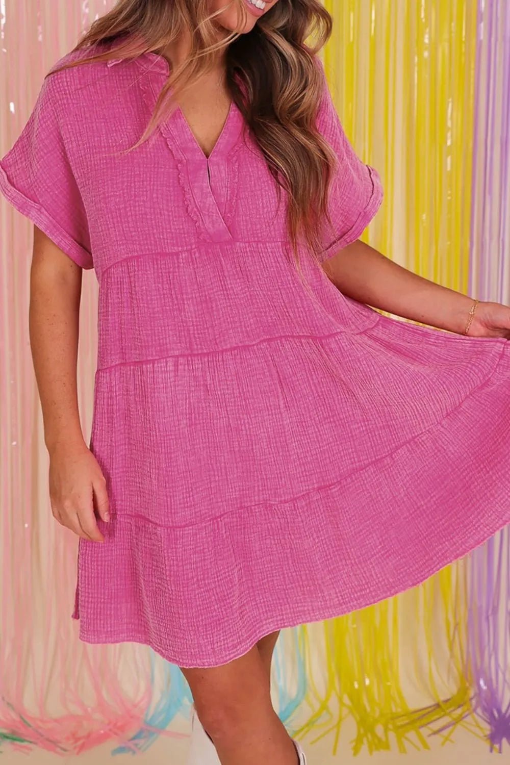 Elegant Mineral Wash Crinkle Split Neck Raw Hem Tiered Dress - adritiX