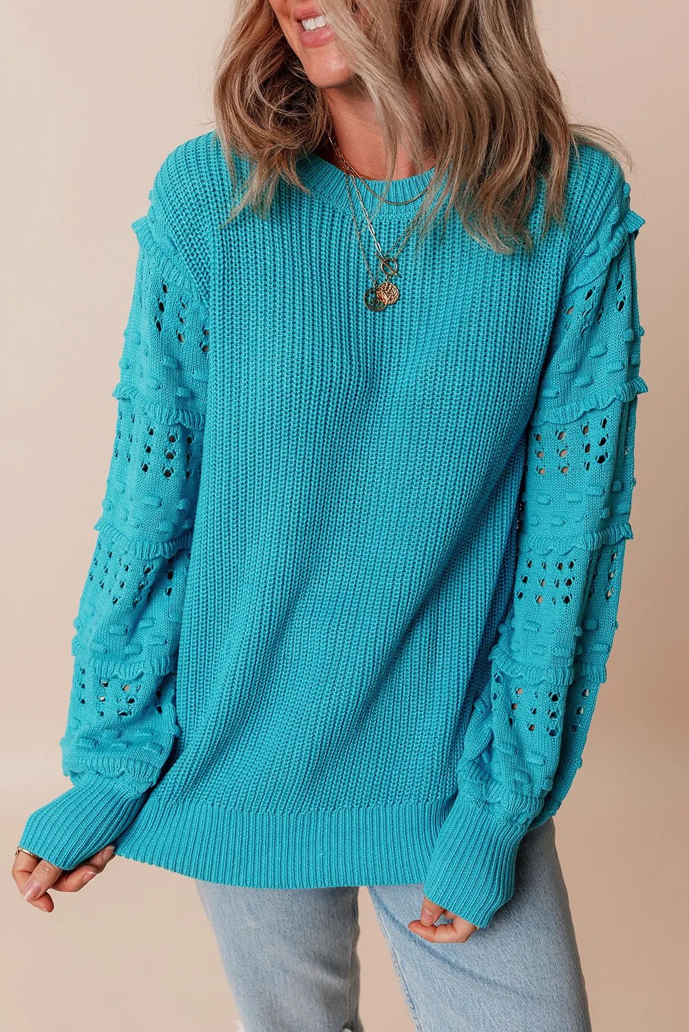 Elegant Openwork Frill Round Neck Long Sleeve Sweater - adritiX