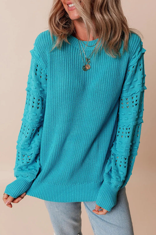 Elegant Openwork Frill Round Neck Long Sleeve Sweater - adritiX