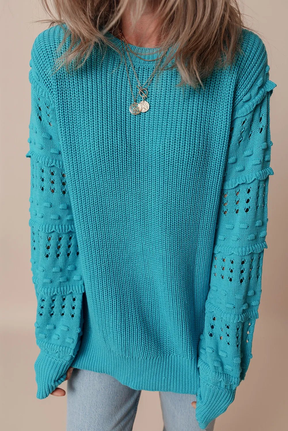 Elegant Openwork Frill Round Neck Long Sleeve Sweater - adritiX