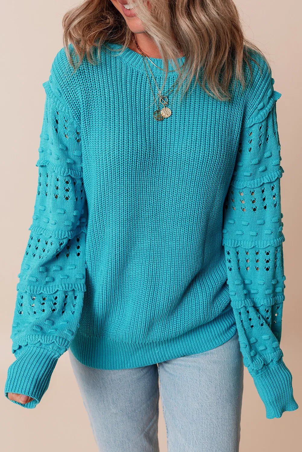 Elegant Openwork Frill Round Neck Long Sleeve Sweater - adritiX