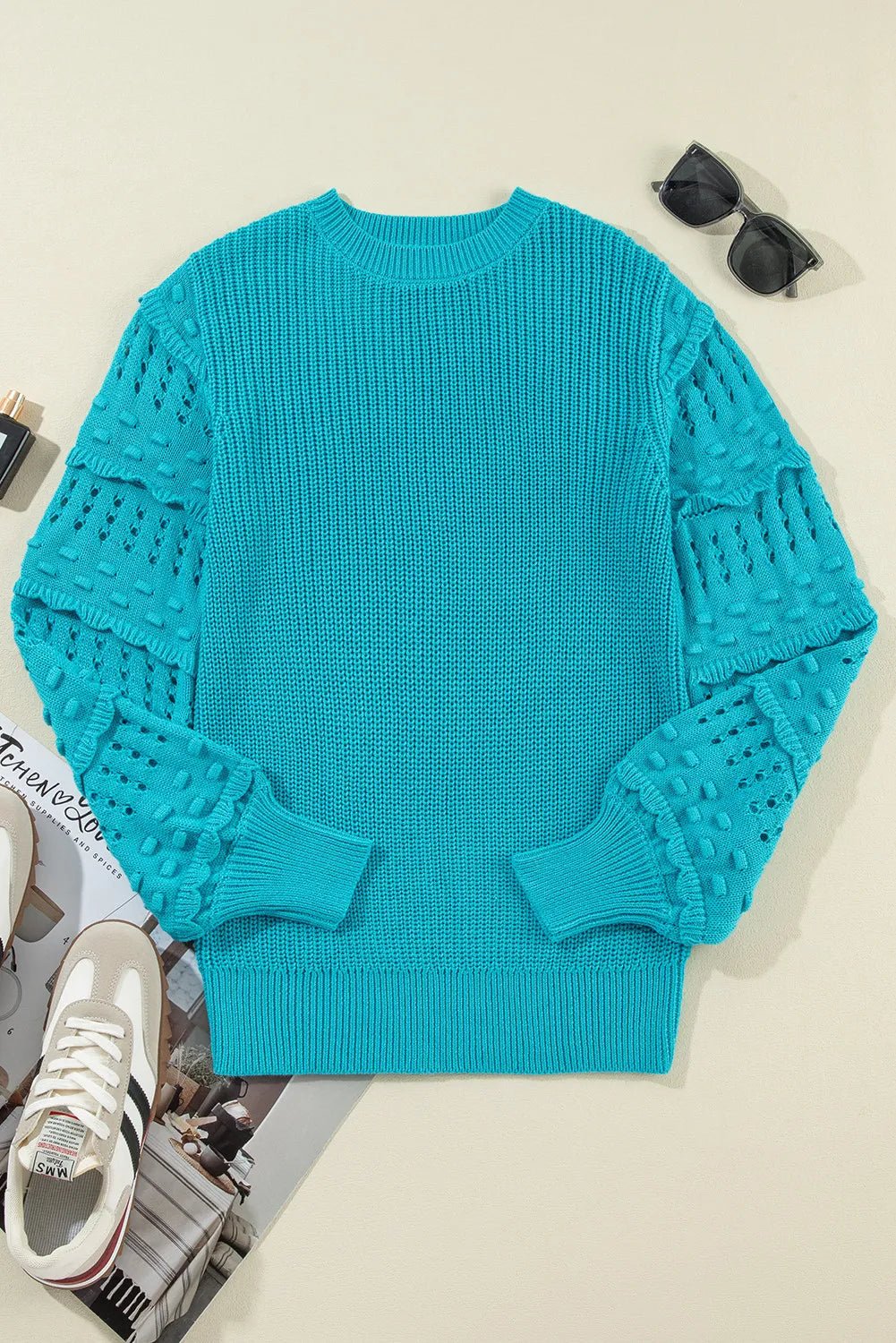 Elegant Openwork Frill Round Neck Long Sleeve Sweater - adritiX