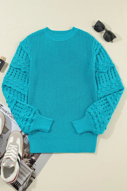 Elegant Openwork Frill Round Neck Long Sleeve Sweater - adritiX
