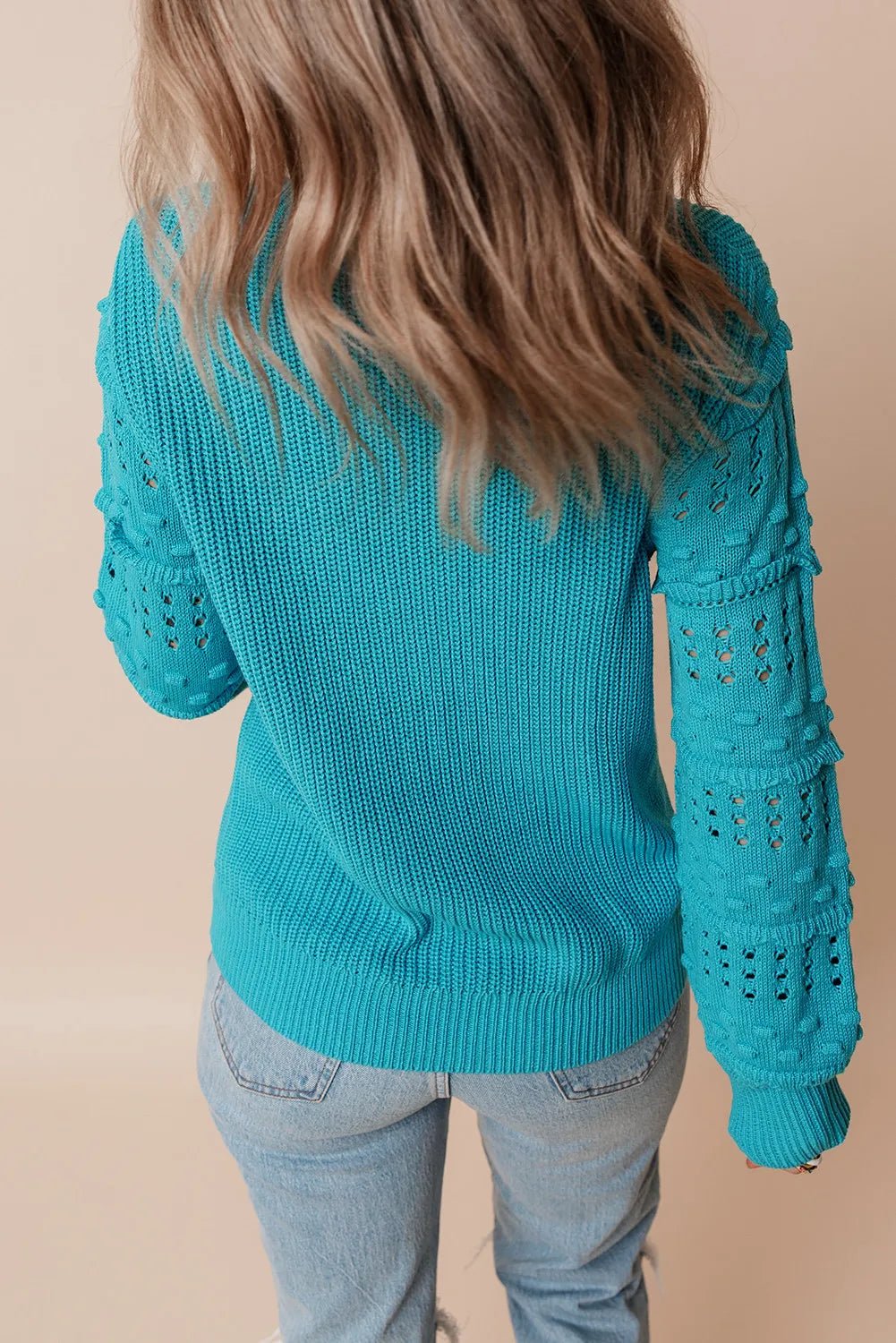 Elegant Openwork Frill Round Neck Long Sleeve Sweater - adritiX