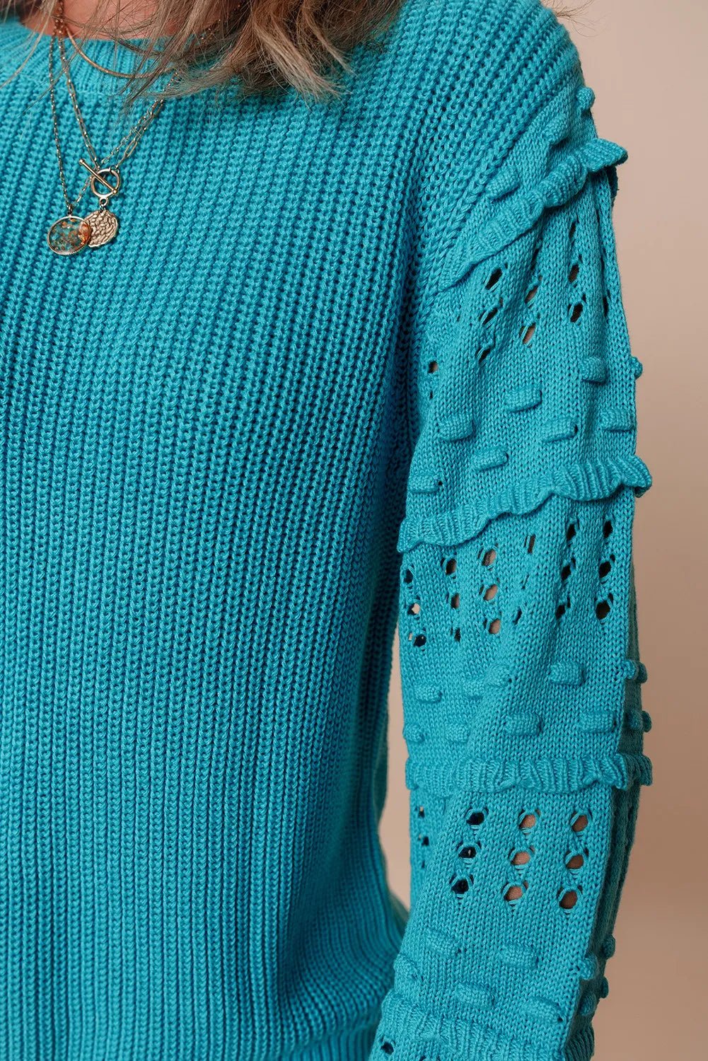Elegant Openwork Frill Round Neck Long Sleeve Sweater - adritiX