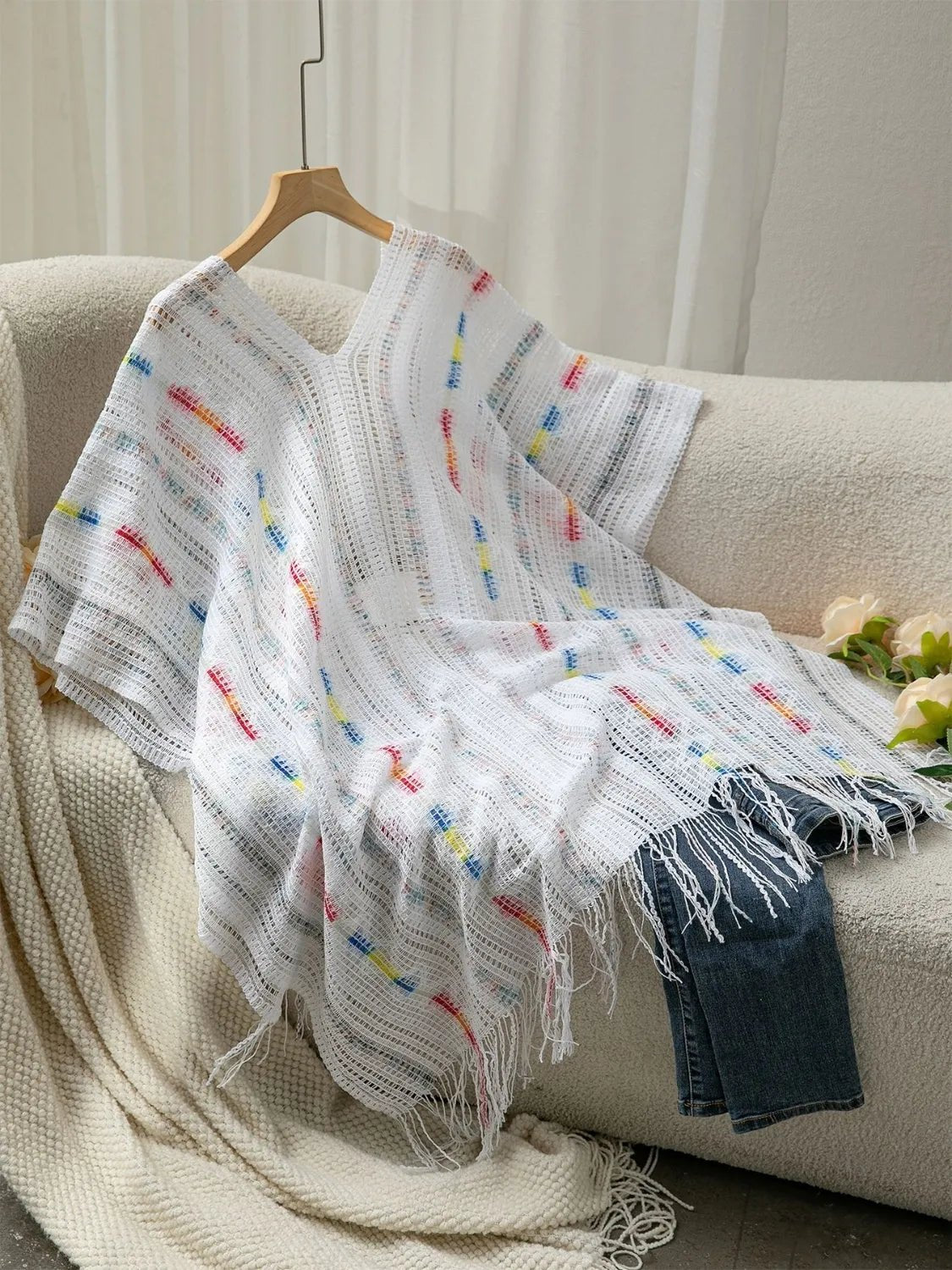 Elegant Openwork Fringe Open Front Knit Cape - adritiX