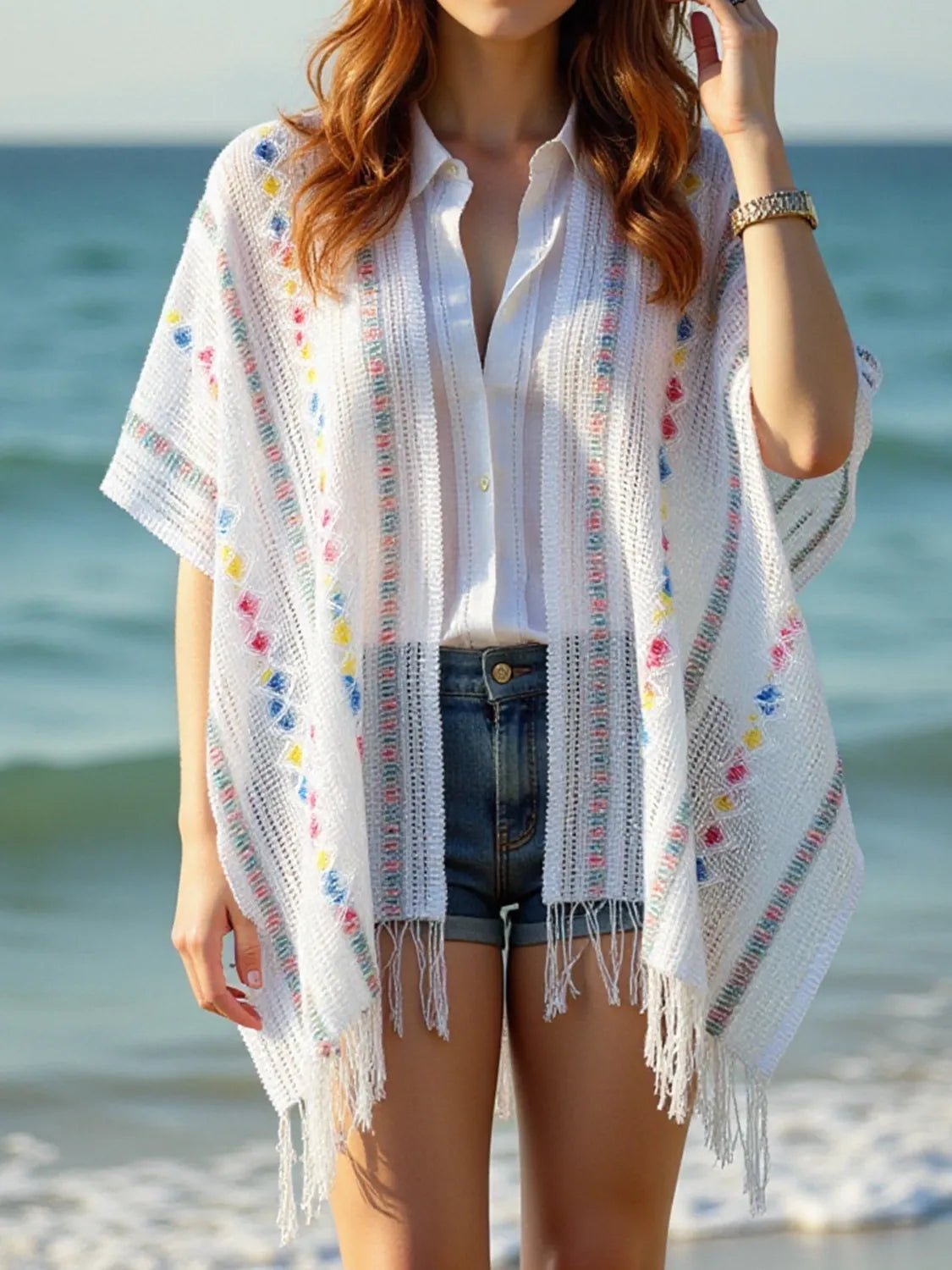 Elegant Openwork Fringe Open Front Knit Cape - adritiX