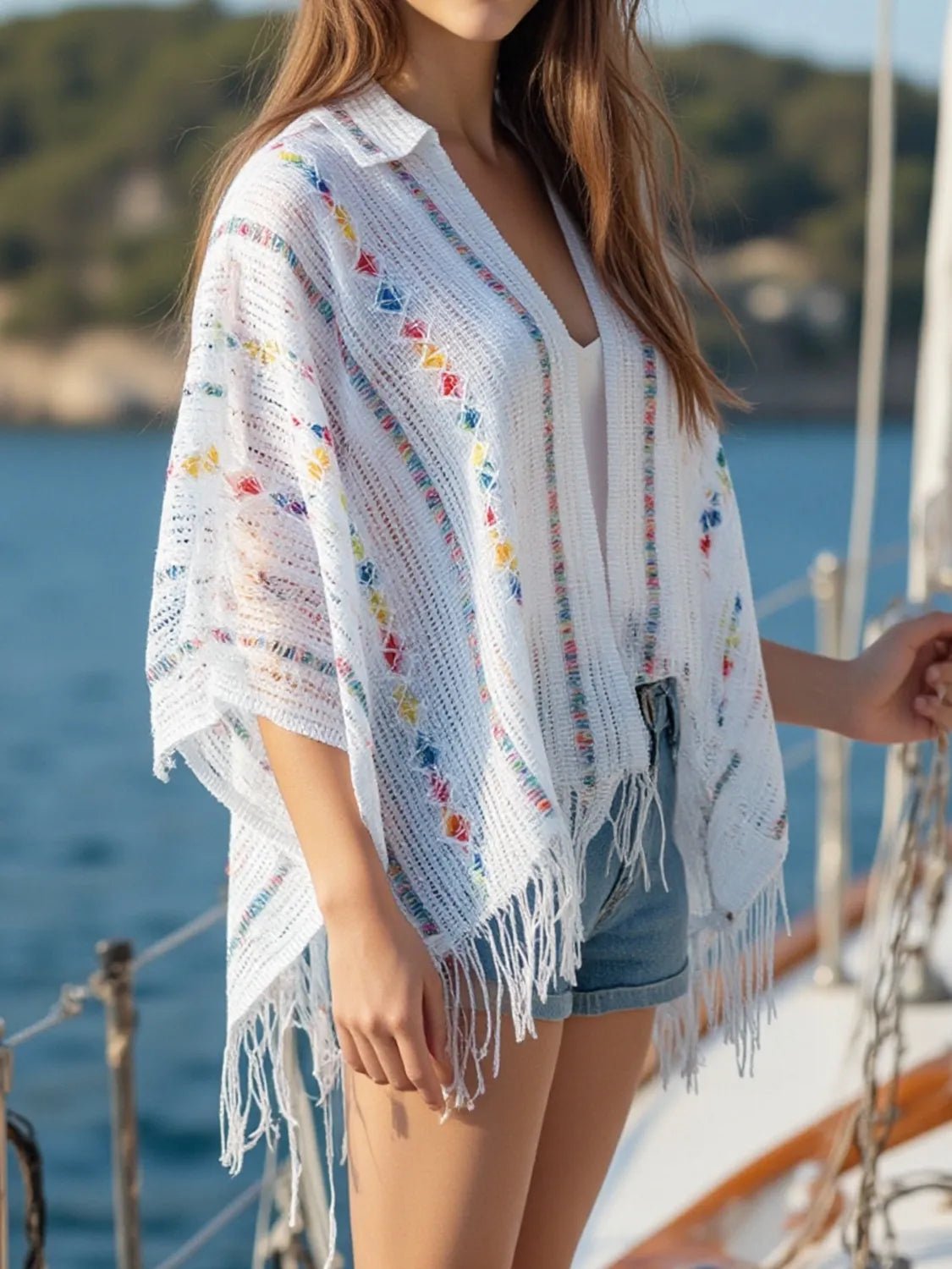Elegant Openwork Fringe Open Front Knit Cape - adritiX