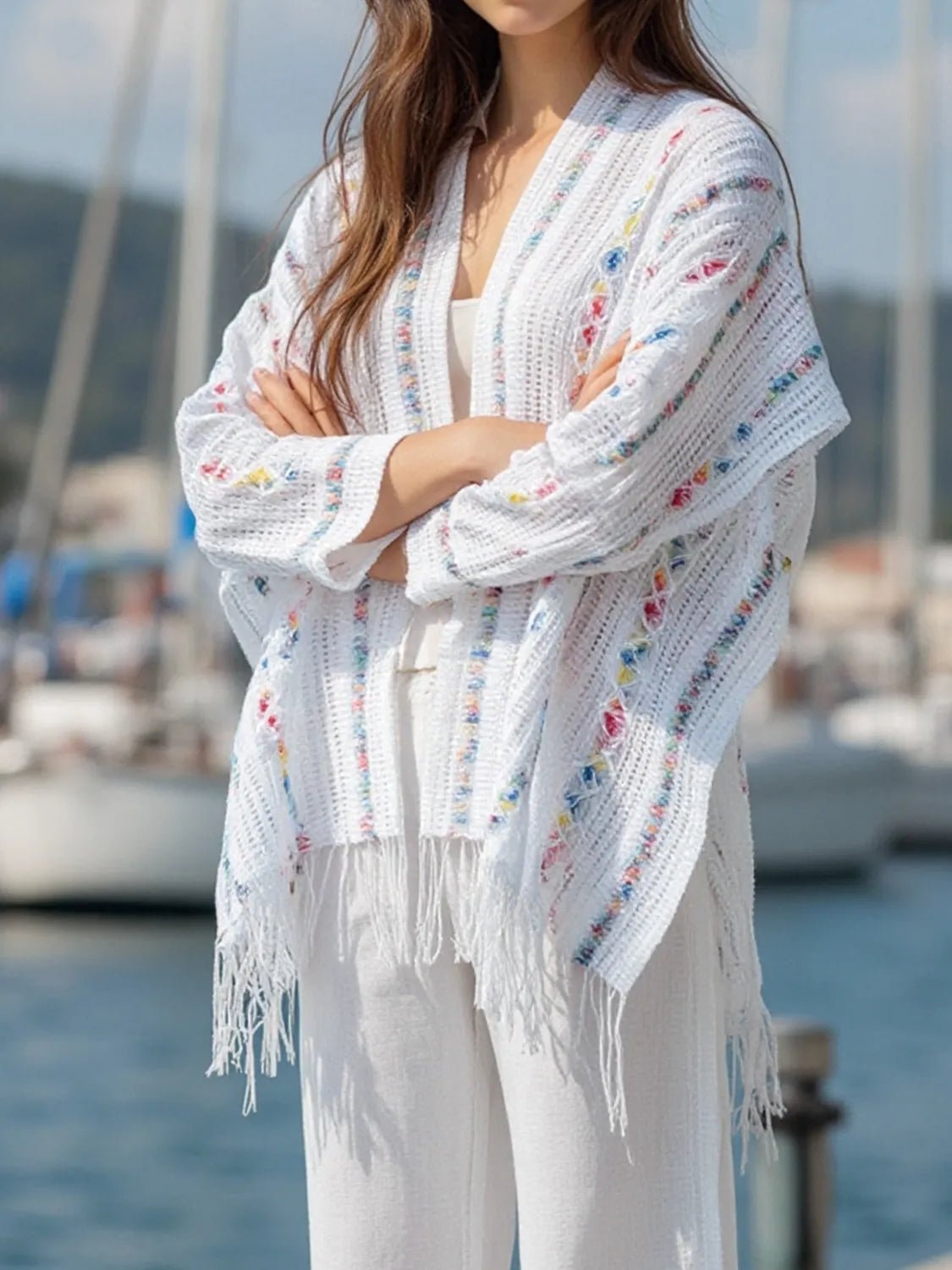 Elegant Openwork Fringe Open Front Knit Cape - adritiX