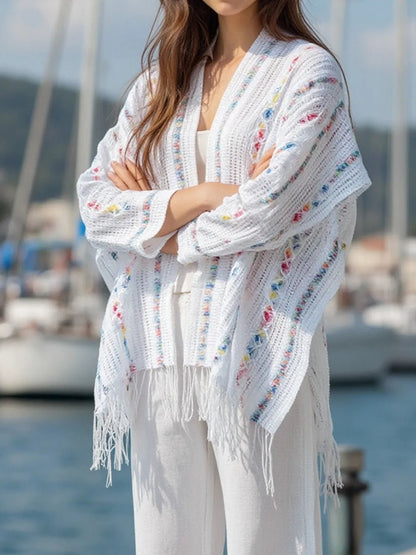 Elegant Openwork Fringe Open Front Knit Cape - adritiX