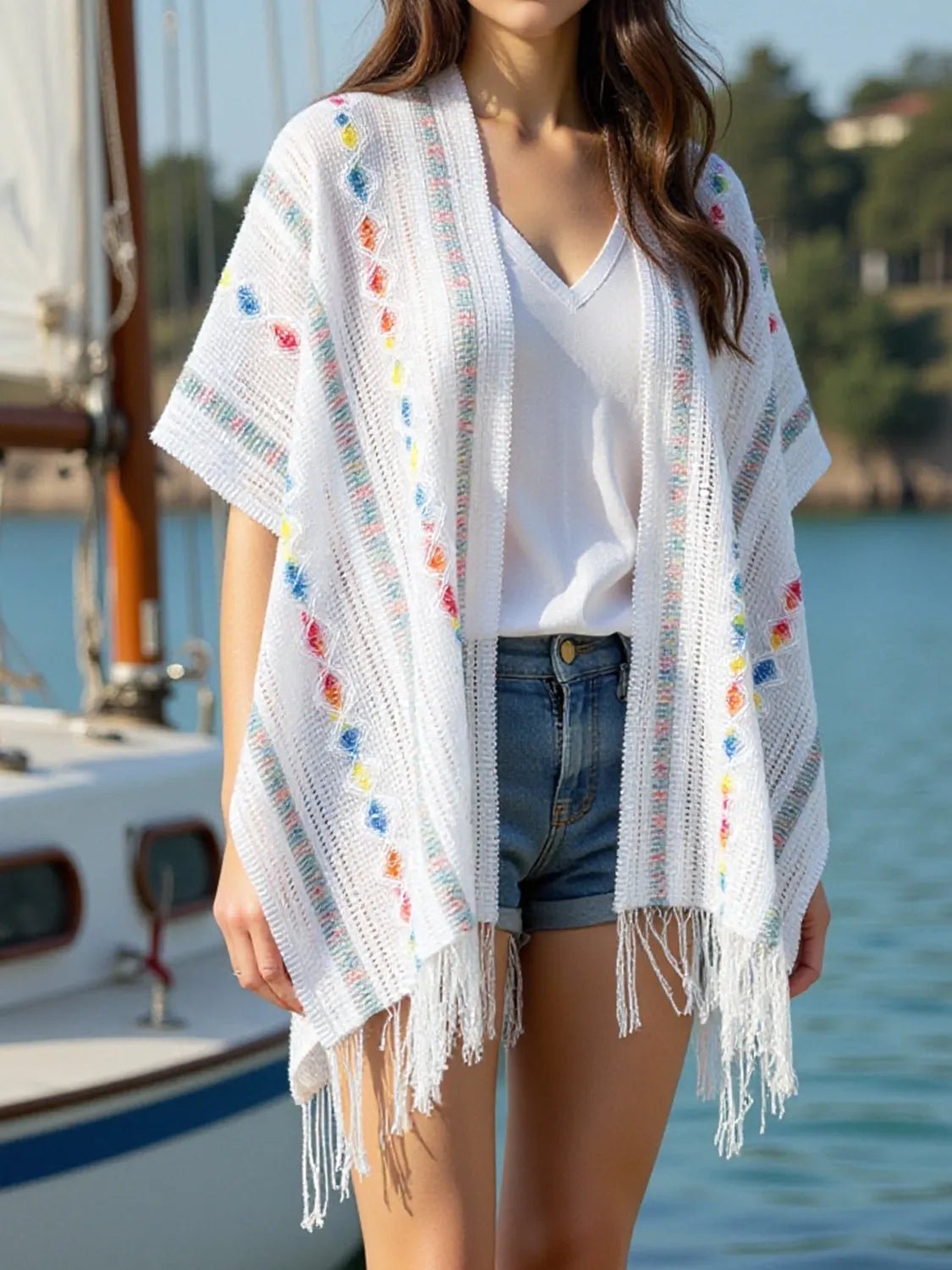 Elegant Openwork Fringe Open Front Knit Cape - adritiX