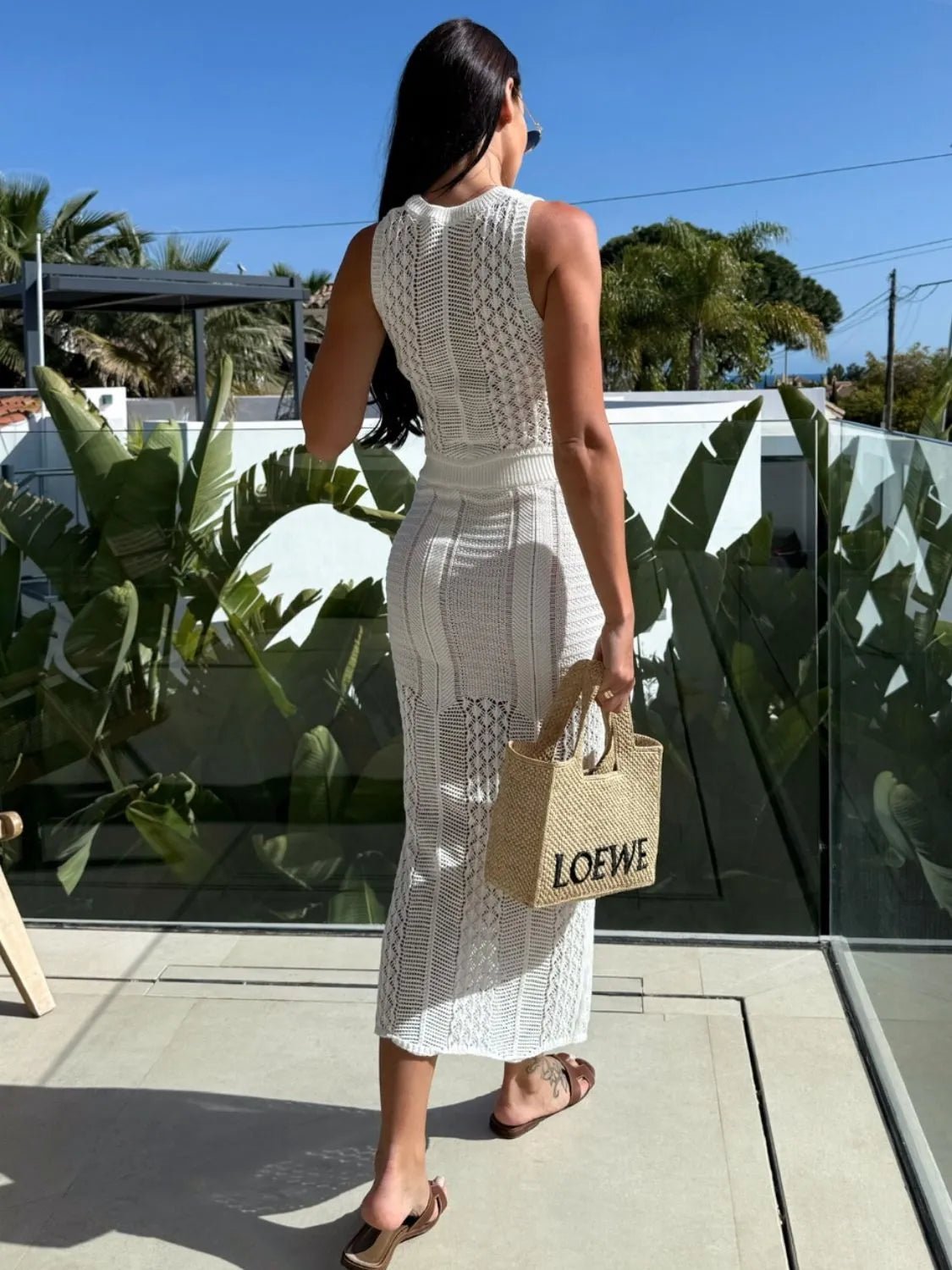 Elegant Openwork Round Neck Top and Slit Skirt Sweater Set - adritiX