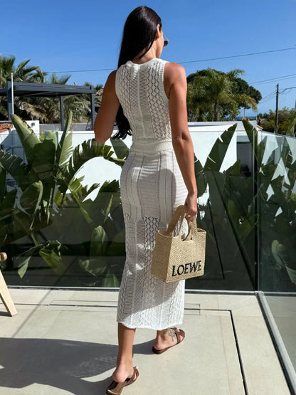 Elegant Openwork Round Neck Top and Slit Skirt Sweater Set - adritiX