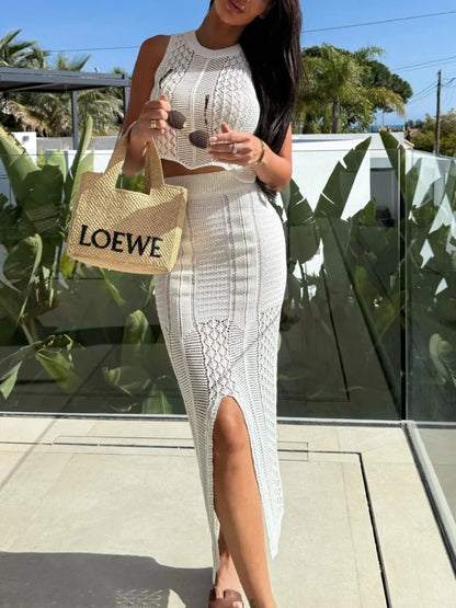 Elegant Openwork Round Neck Top and Slit Skirt Sweater Set - adritiX