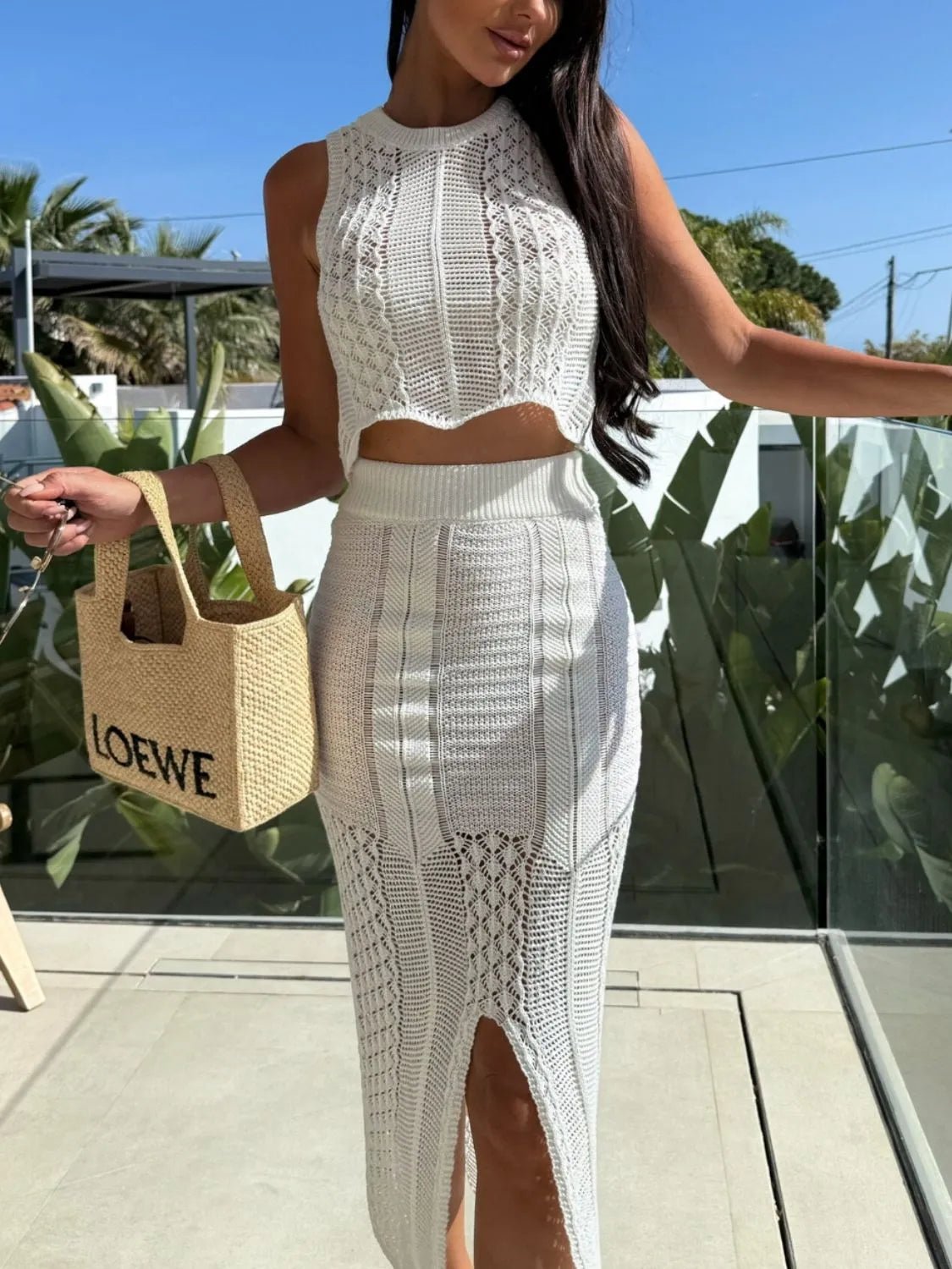 Elegant Openwork Round Neck Top and Slit Skirt Sweater Set - adritiX