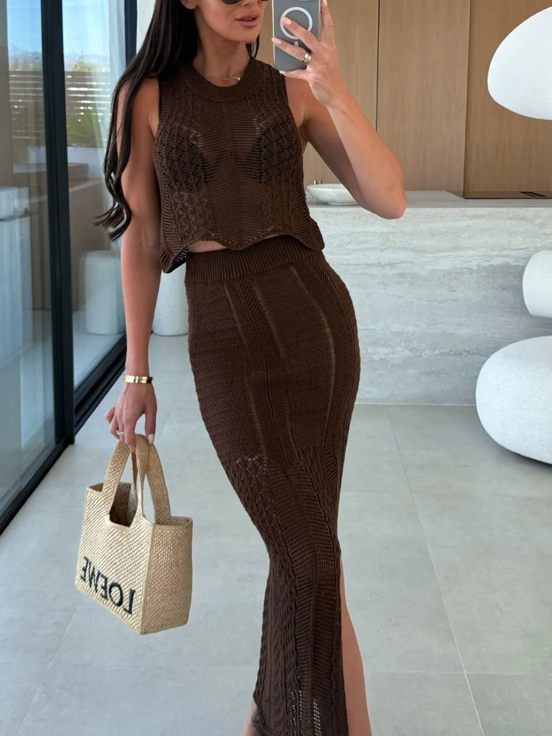 Elegant Openwork Round Neck Top and Slit Skirt Sweater Set - adritiX