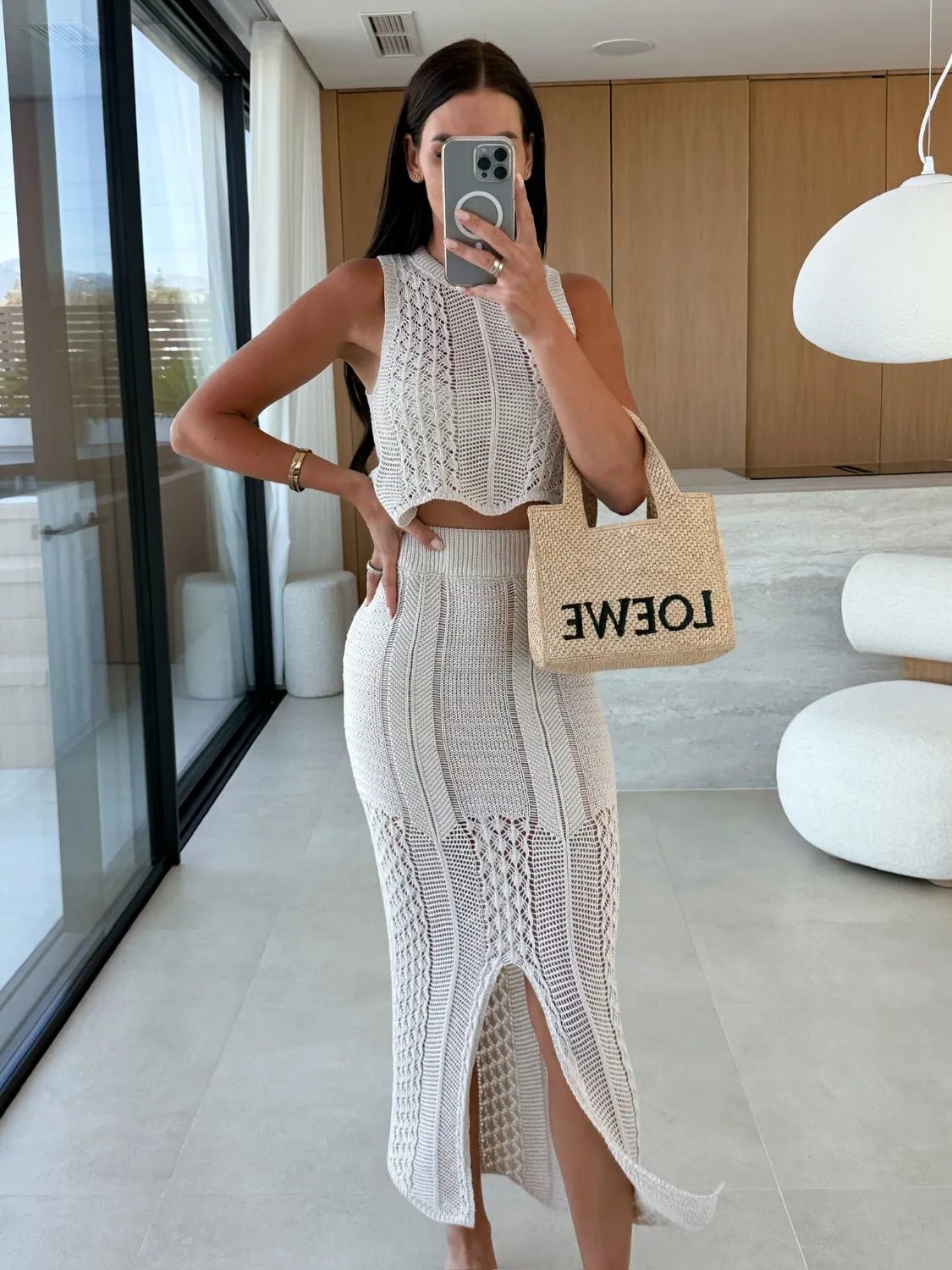 Elegant Openwork Round Neck Top and Slit Skirt Sweater Set - adritiX