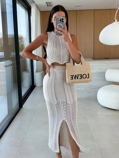 Elegant Openwork Round Neck Top and Slit Skirt Sweater Set - adritiX