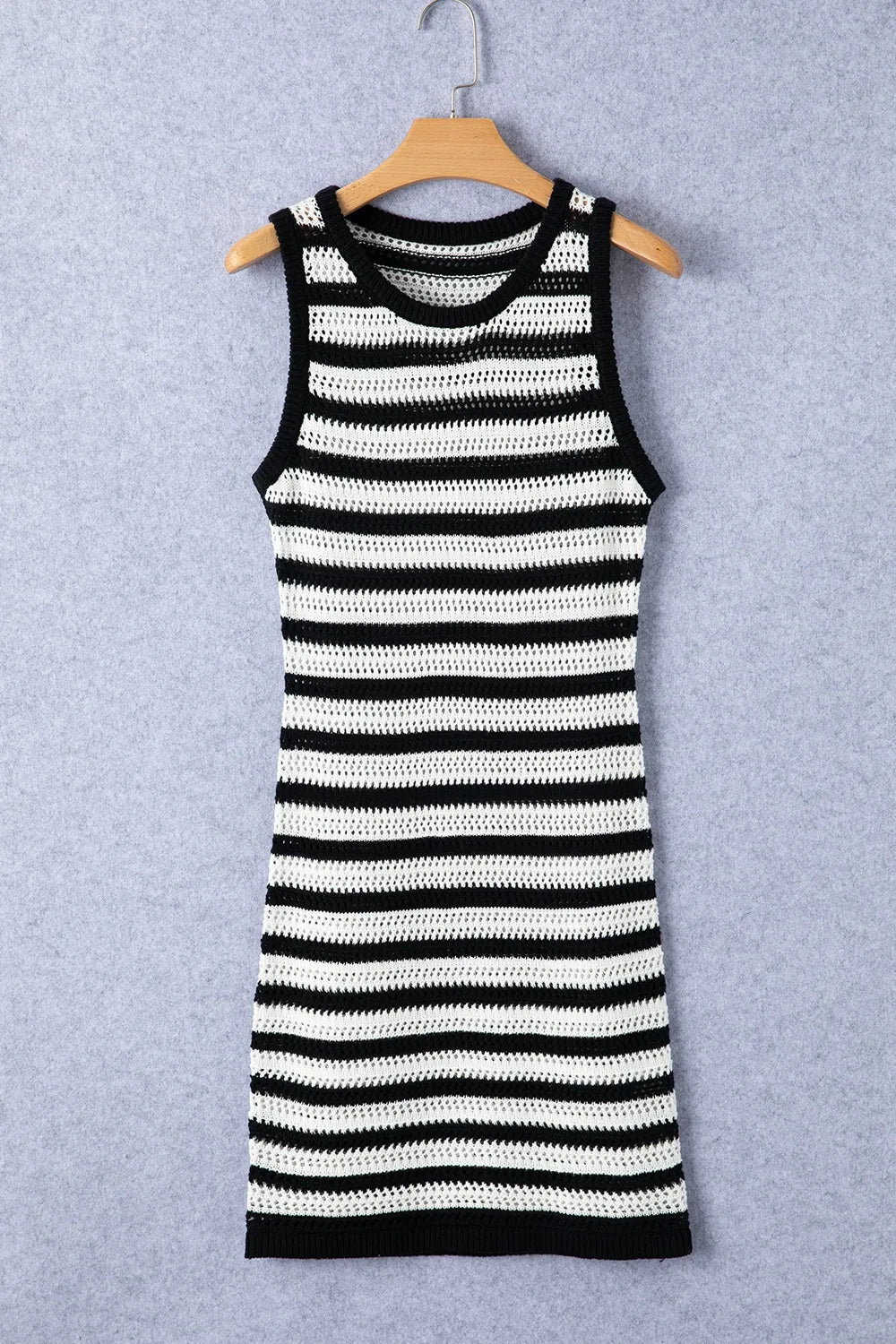 Elegant Openwork Striped Wide Strap Knit Dress - adritiX