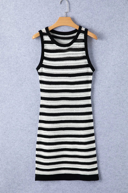 Elegant Openwork Striped Wide Strap Knit Dress - adritiX