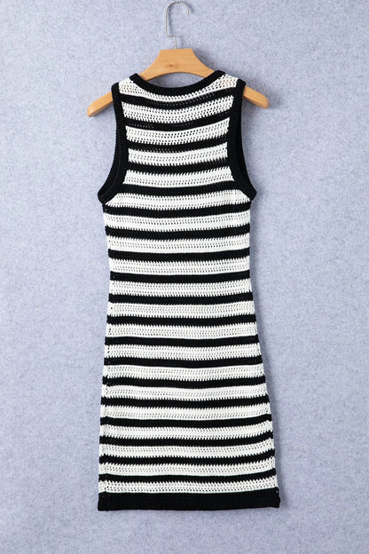 Elegant Openwork Striped Wide Strap Knit Dress - adritiX