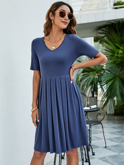Elegant Pleated V - Neck Short Sleeve Tee Dress - adritiX