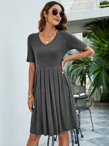 Elegant Pleated V - Neck Short Sleeve Tee Dress - adritiX