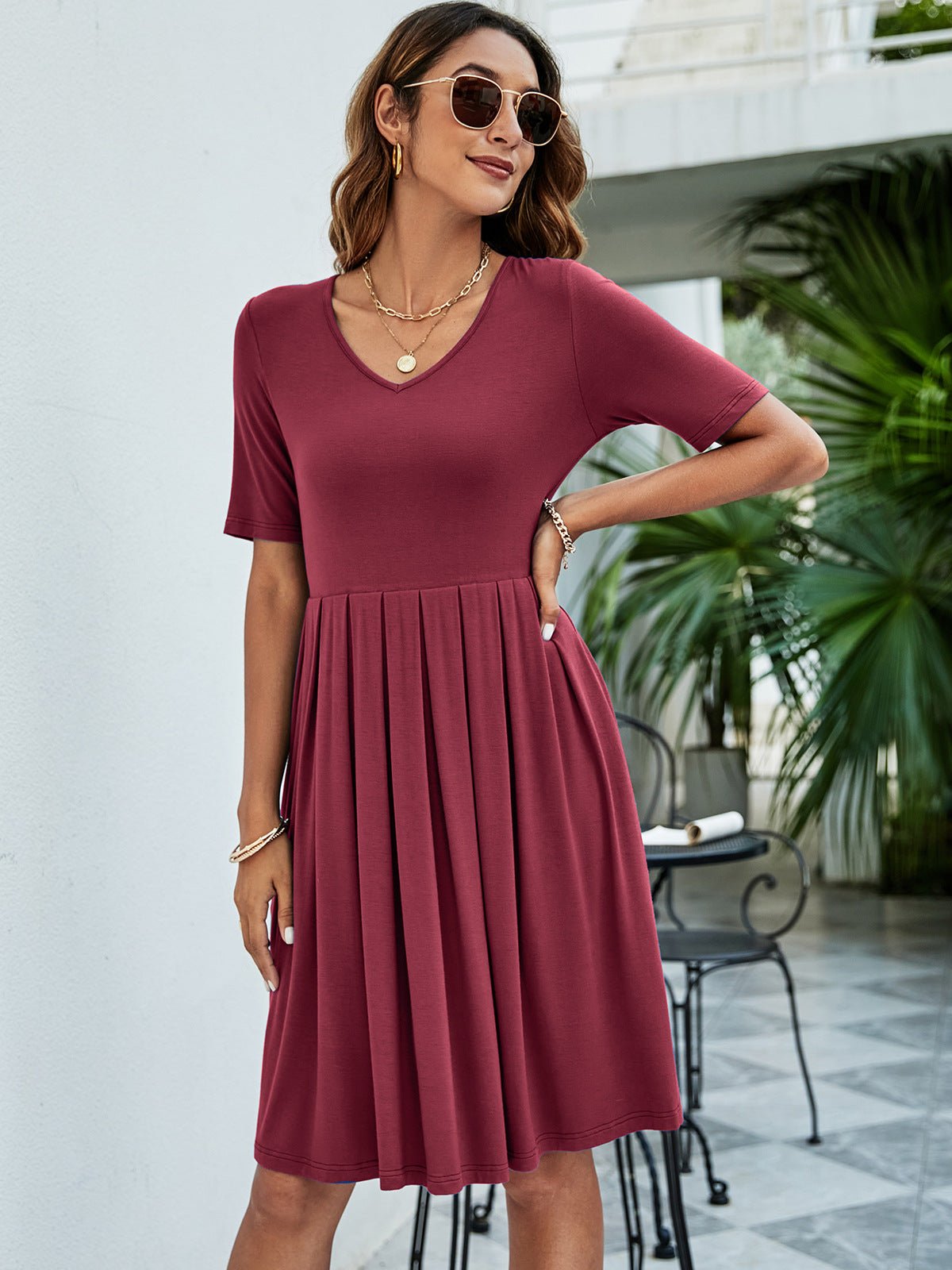 Elegant Pleated V - Neck Short Sleeve Tee Dress - adritiX