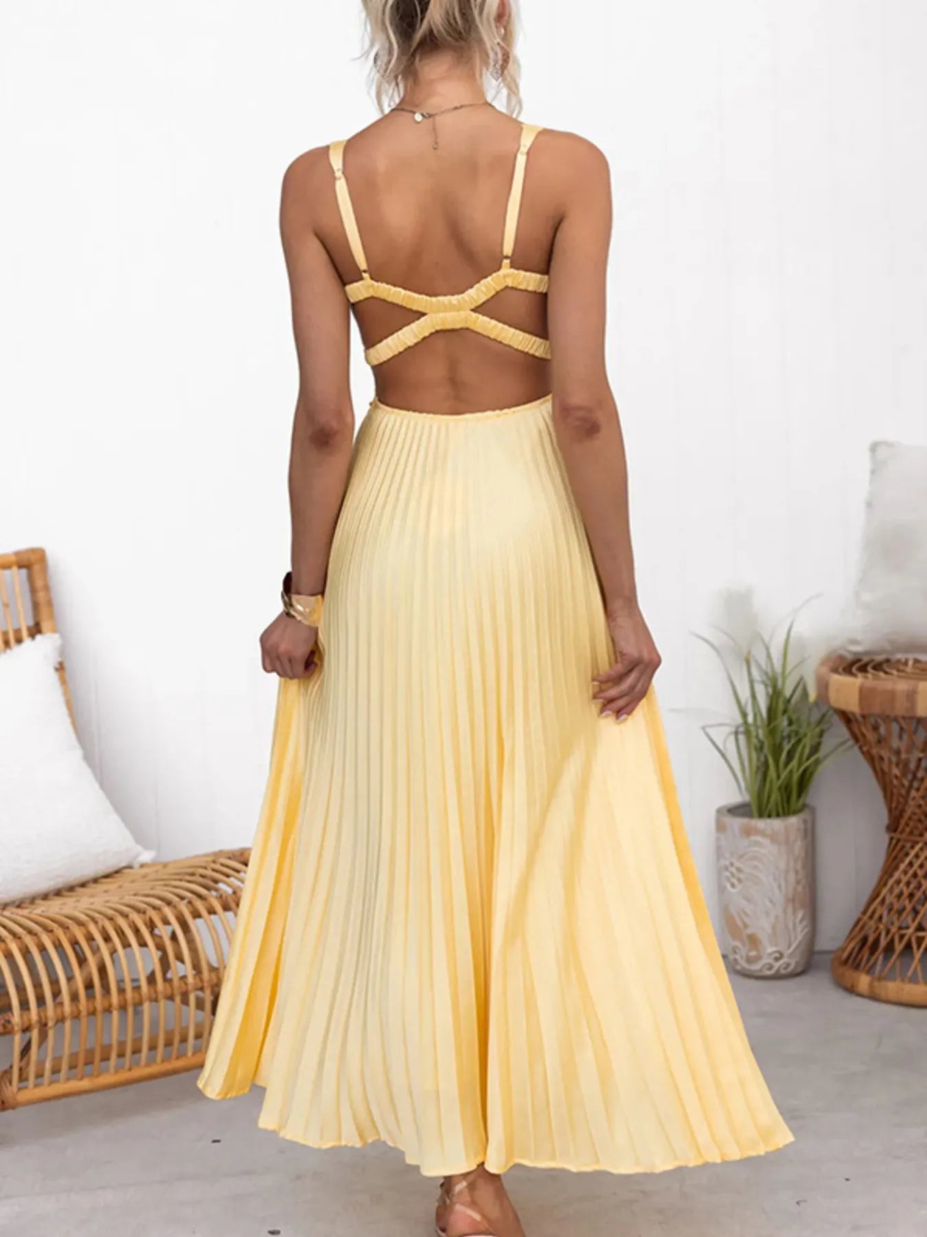 Elegant Pleated V - Neck Sleeveless Maxi Dress - adritiX