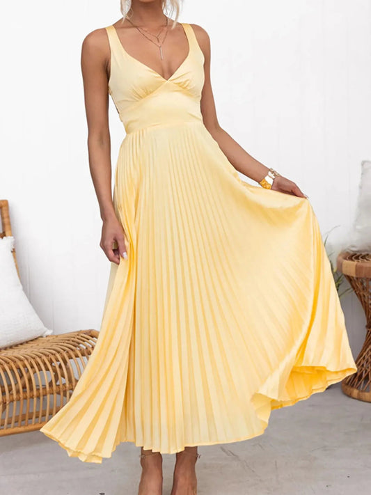 Elegant Pleated V - Neck Sleeveless Maxi Dress - adritiX