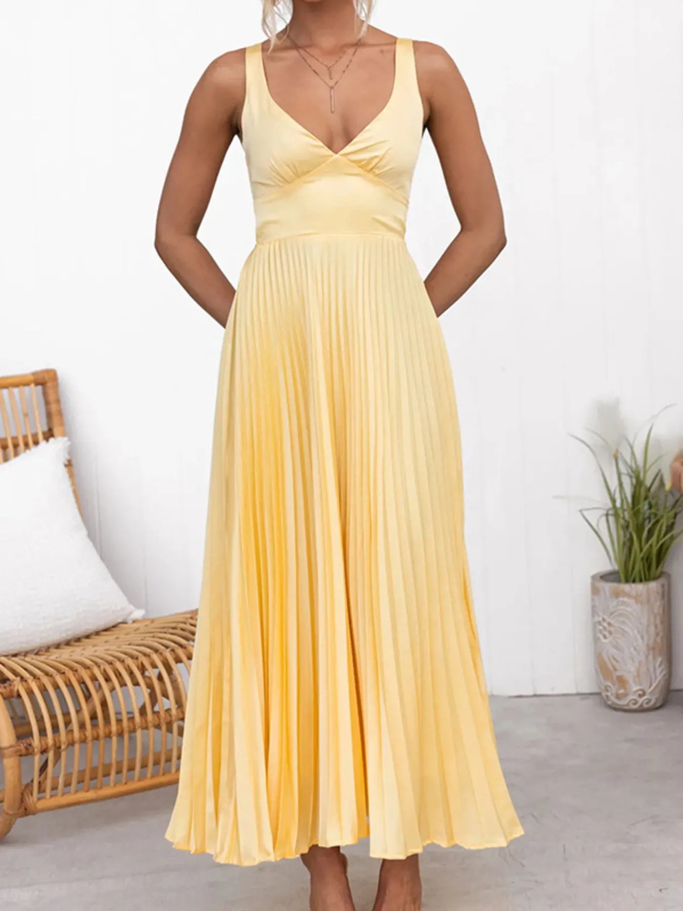 Elegant Pleated V - Neck Sleeveless Maxi Dress - adritiX