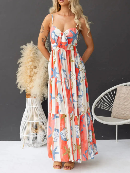 Elegant Printed Spaghetti Strap Maxi Dress with Pockets - adritiX