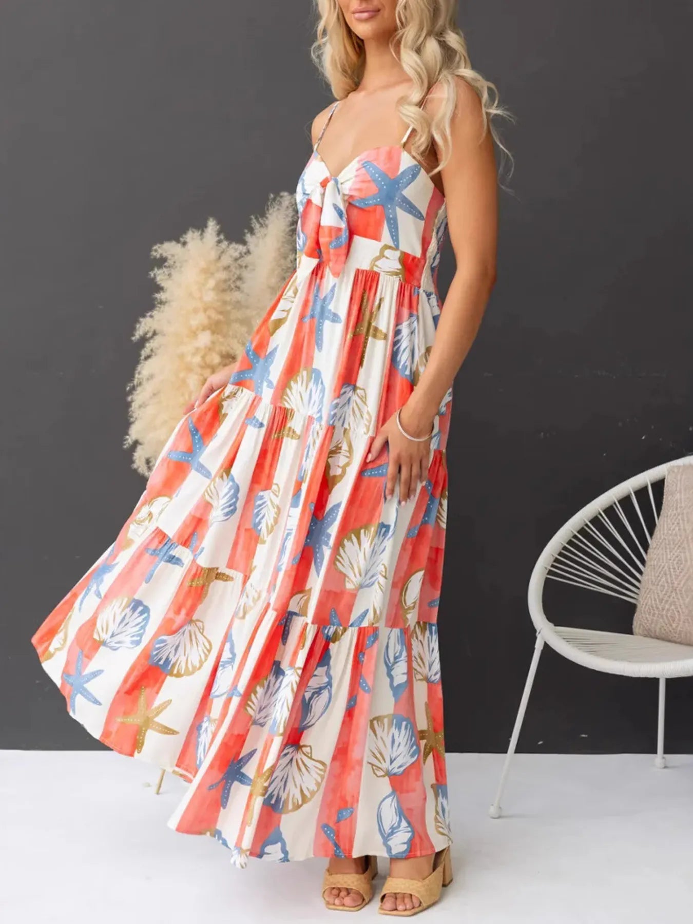 Elegant Printed Spaghetti Strap Maxi Dress with Pockets - adritiX