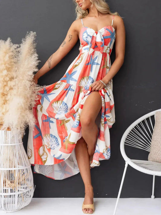 Elegant Printed Spaghetti Strap Maxi Dress with Pockets - adritiX