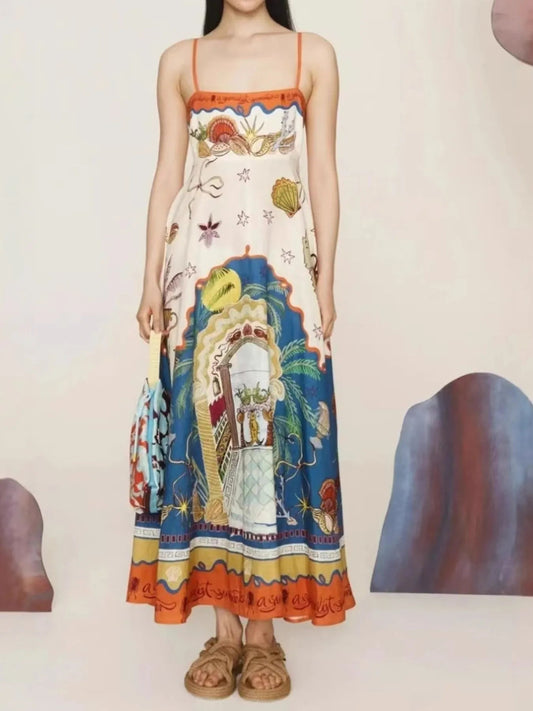 Elegant Printed Square Neck Cami Dress - adritiX