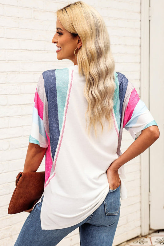 Elegant Rainbow Stripe Slit V - Neck Tee - adritiX
