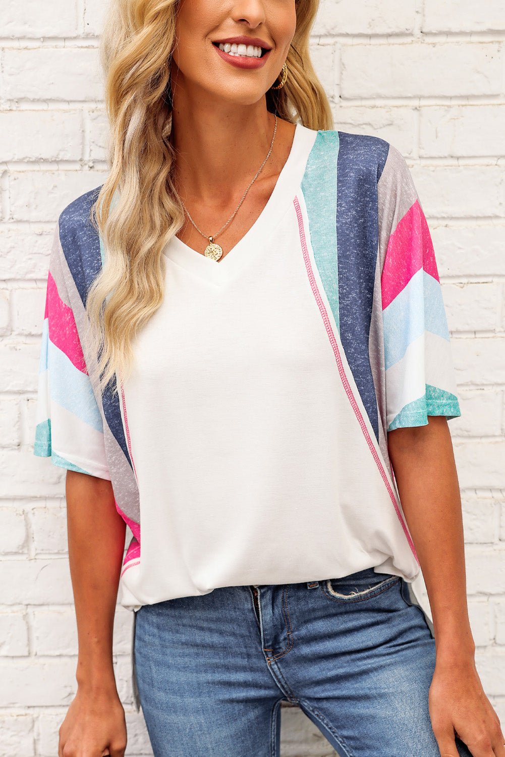 Elegant Rainbow Stripe Slit V - Neck Tee - adritiX