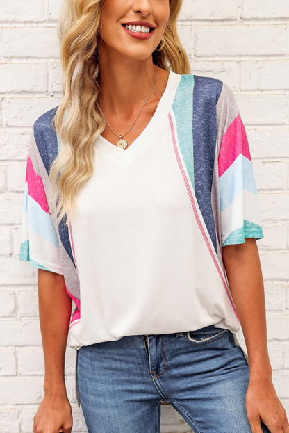 Elegant Rainbow Stripe Slit V - Neck Tee - adritiX
