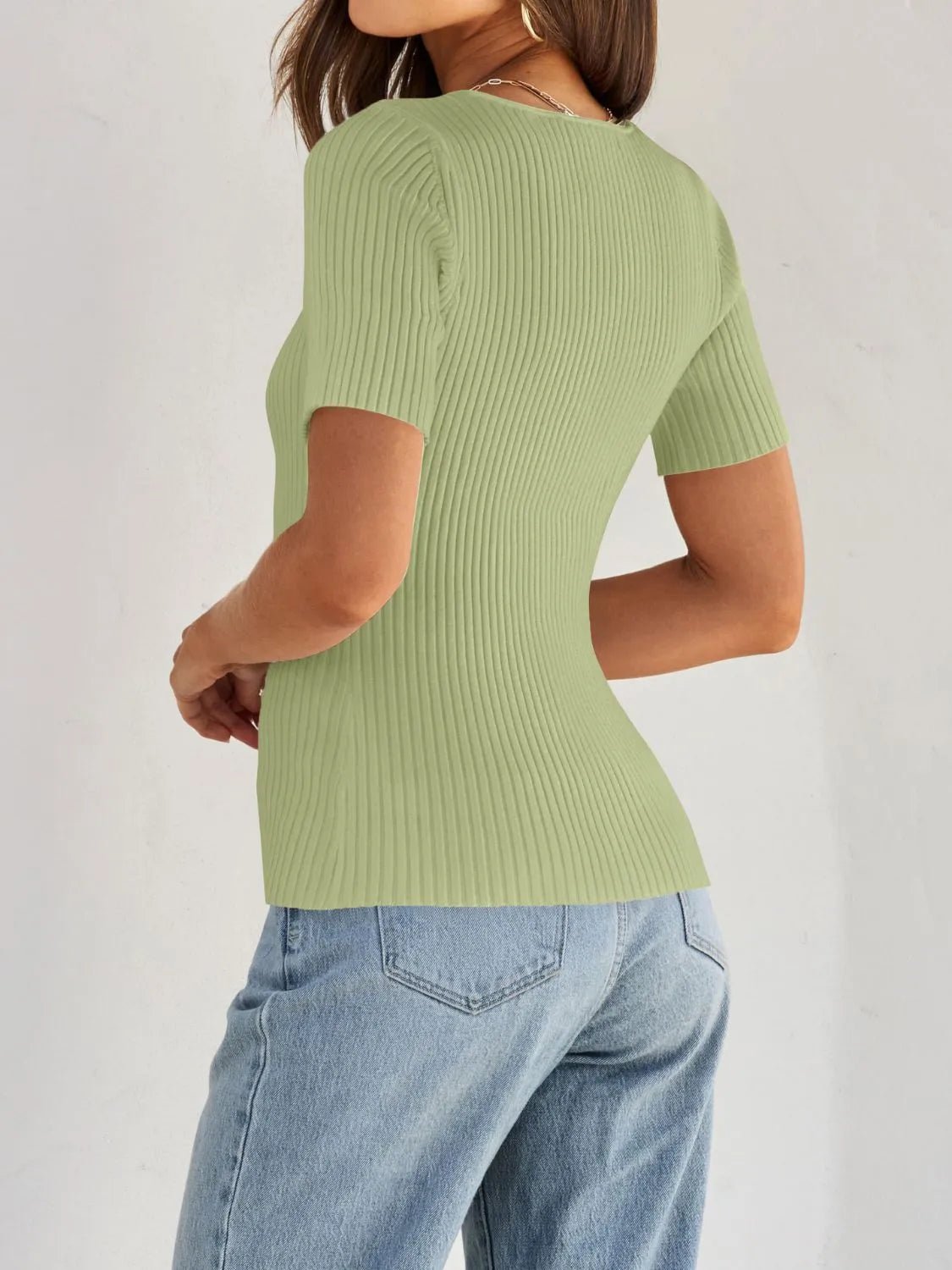 Elegant Ribbed Square Neck Short Sleeve Knit Top - adritiX