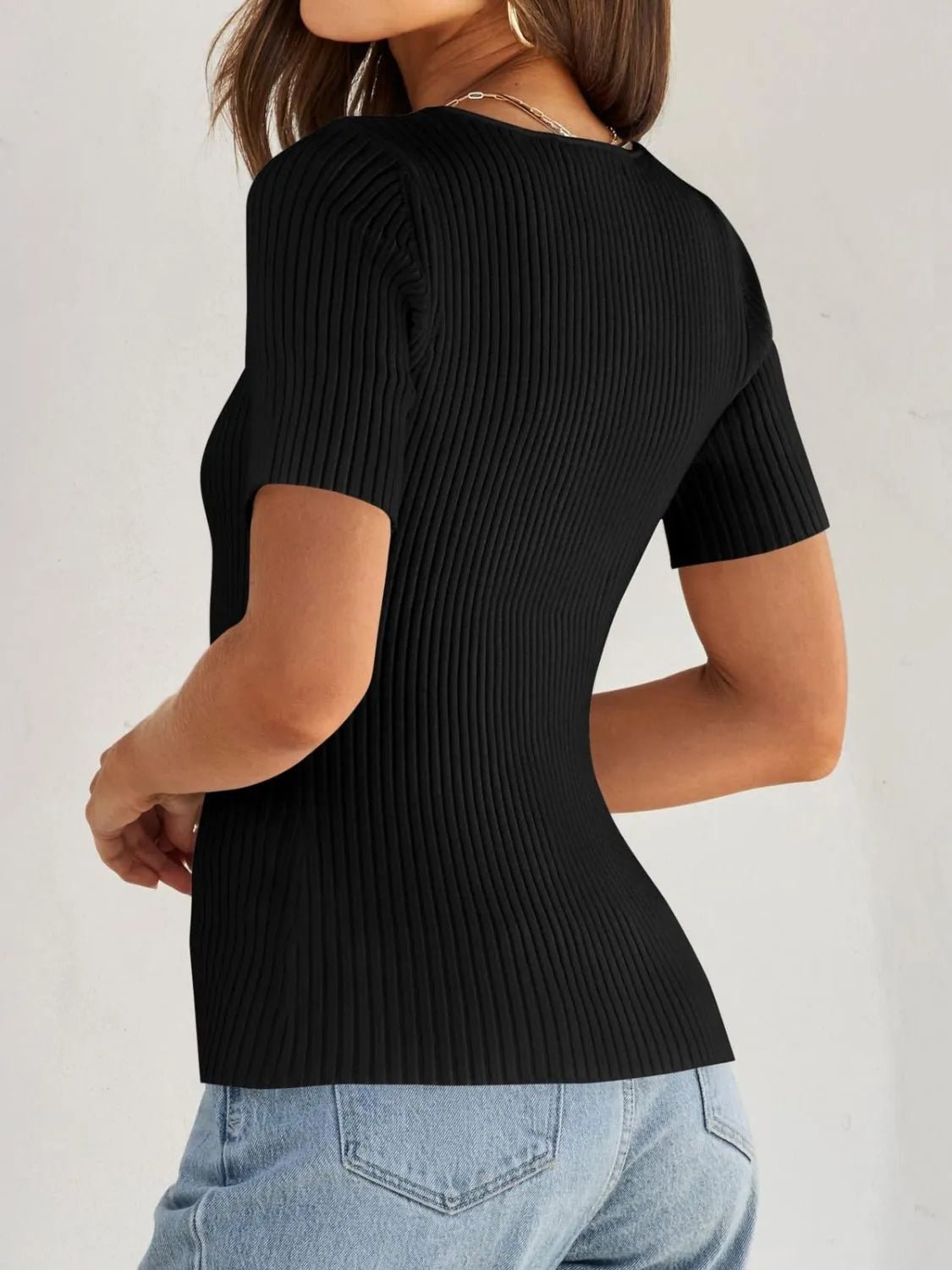Elegant Ribbed Square Neck Short Sleeve Knit Top - adritiX
