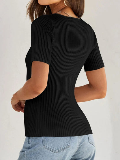 Elegant Ribbed Square Neck Short Sleeve Knit Top - adritiX