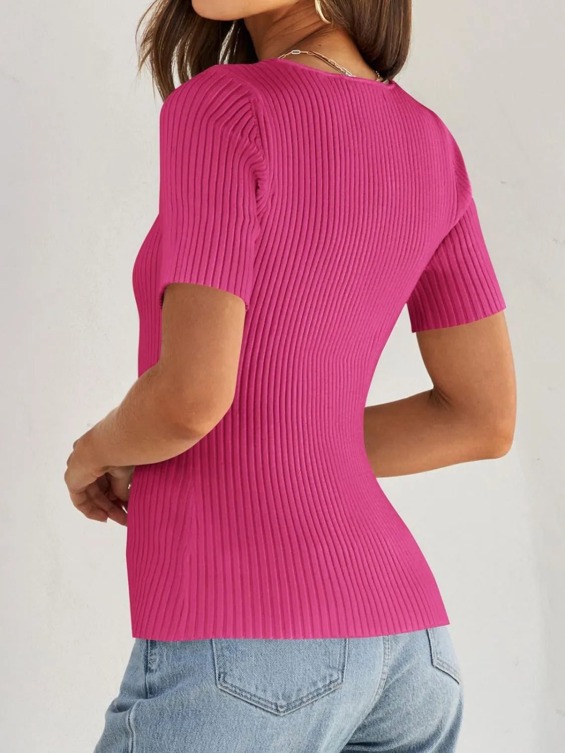Elegant Ribbed Square Neck Short Sleeve Knit Top - adritiX