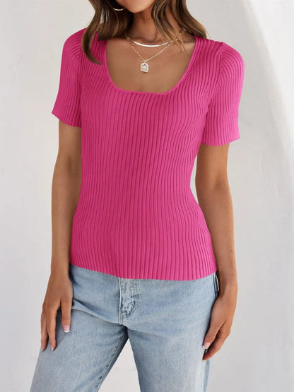 Elegant Ribbed Square Neck Short Sleeve Knit Top - adritiX