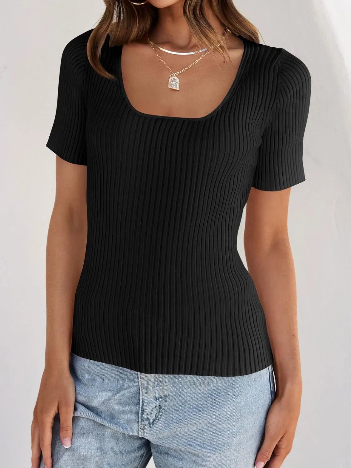 Elegant Ribbed Square Neck Short Sleeve Knit Top - adritiX