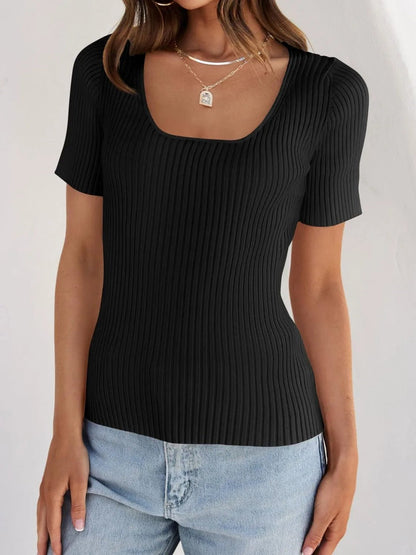 Elegant Ribbed Square Neck Short Sleeve Knit Top - adritiX