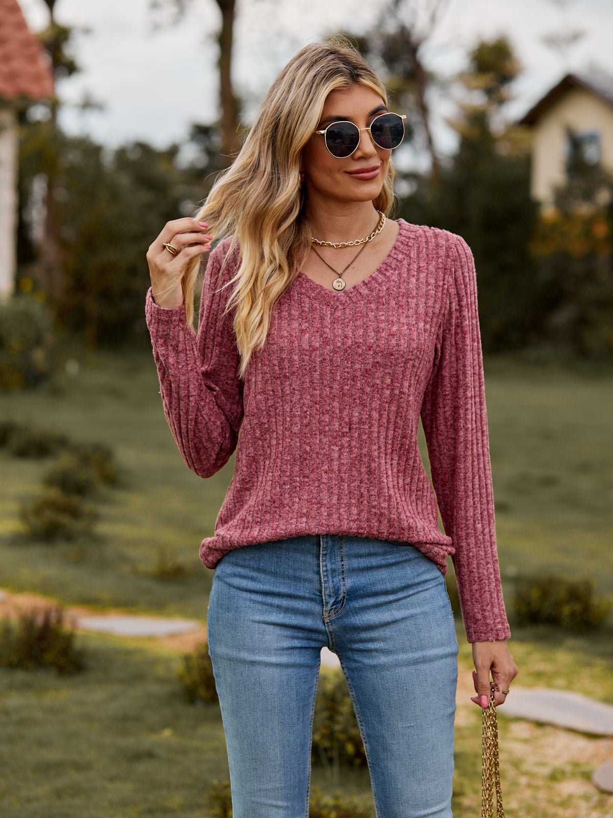 Elegant Ribbed V - Neck Long Sleeve Tee - adritiX