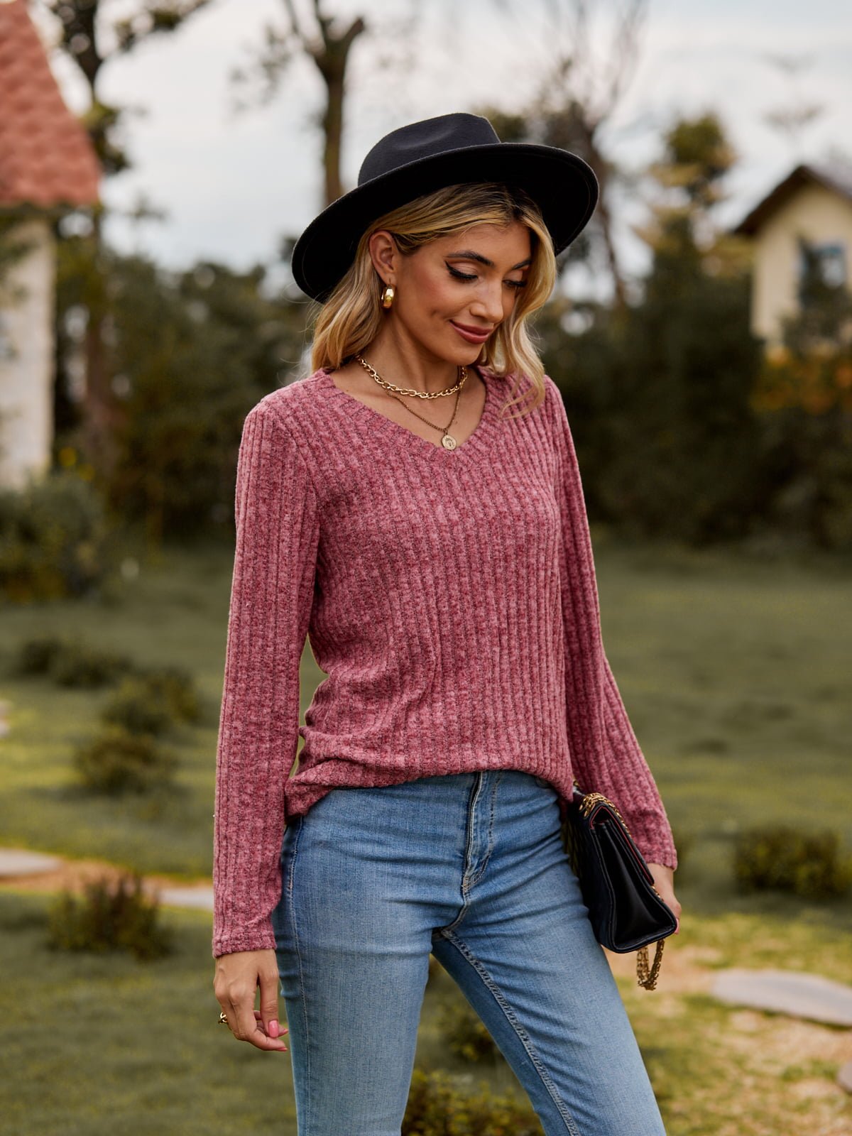 Elegant Ribbed V - Neck Long Sleeve Tee - adritiX
